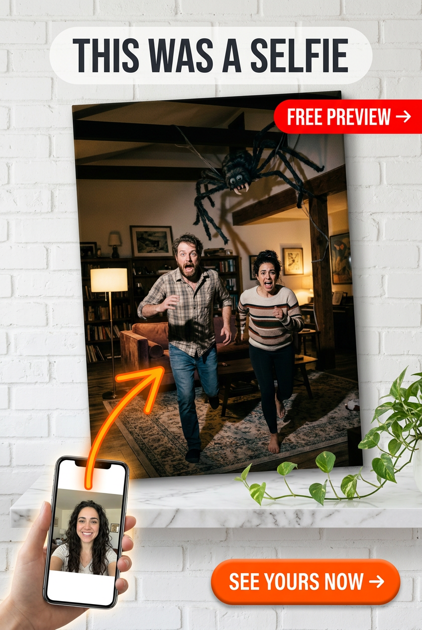 Custom Funny Couple Portrait — Whimsical Spider Scene Canvas