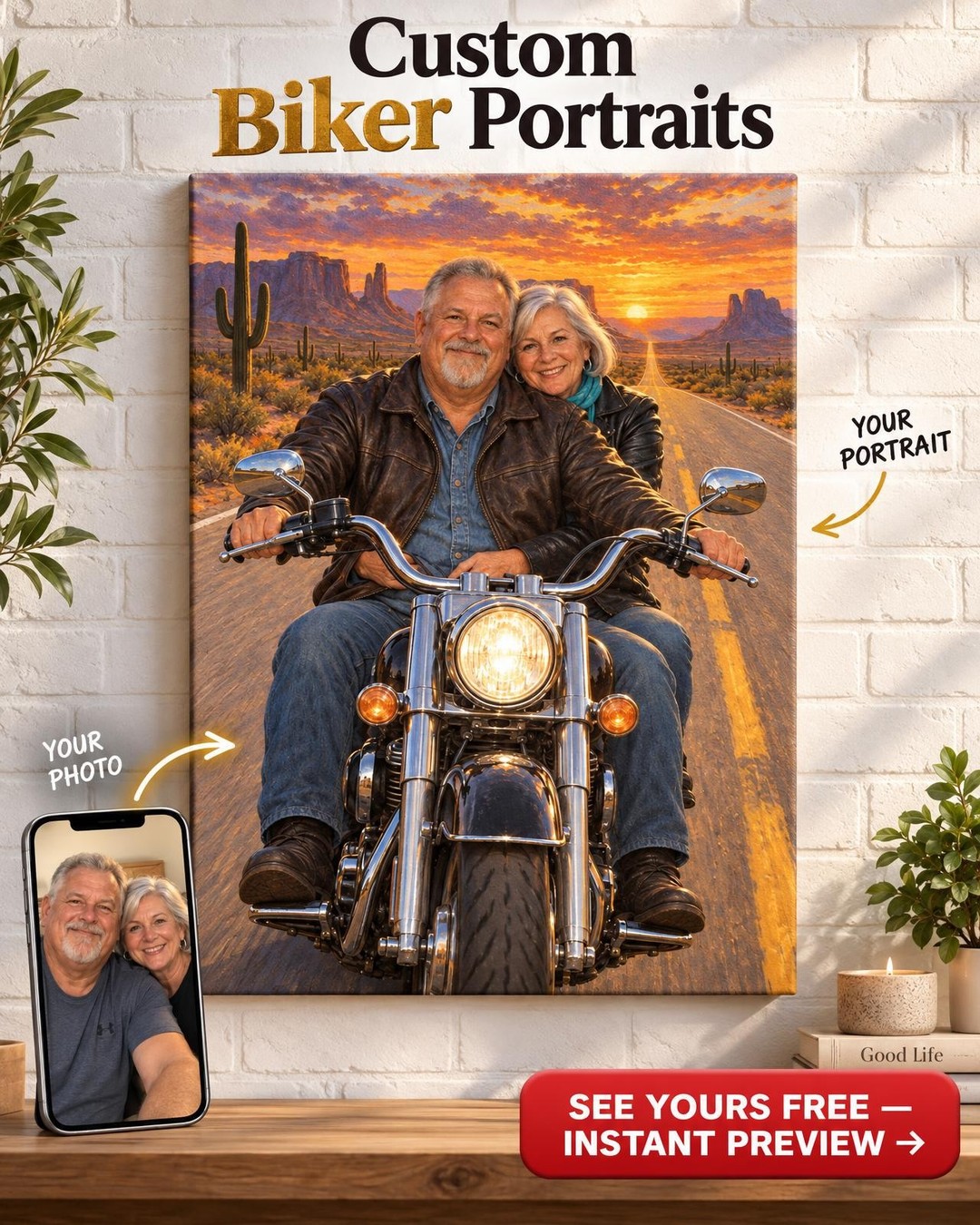Two-up at Sundown Motorcycle Couple Custom Portrait from Photo | Personalized Motorcycle Portrait Gift