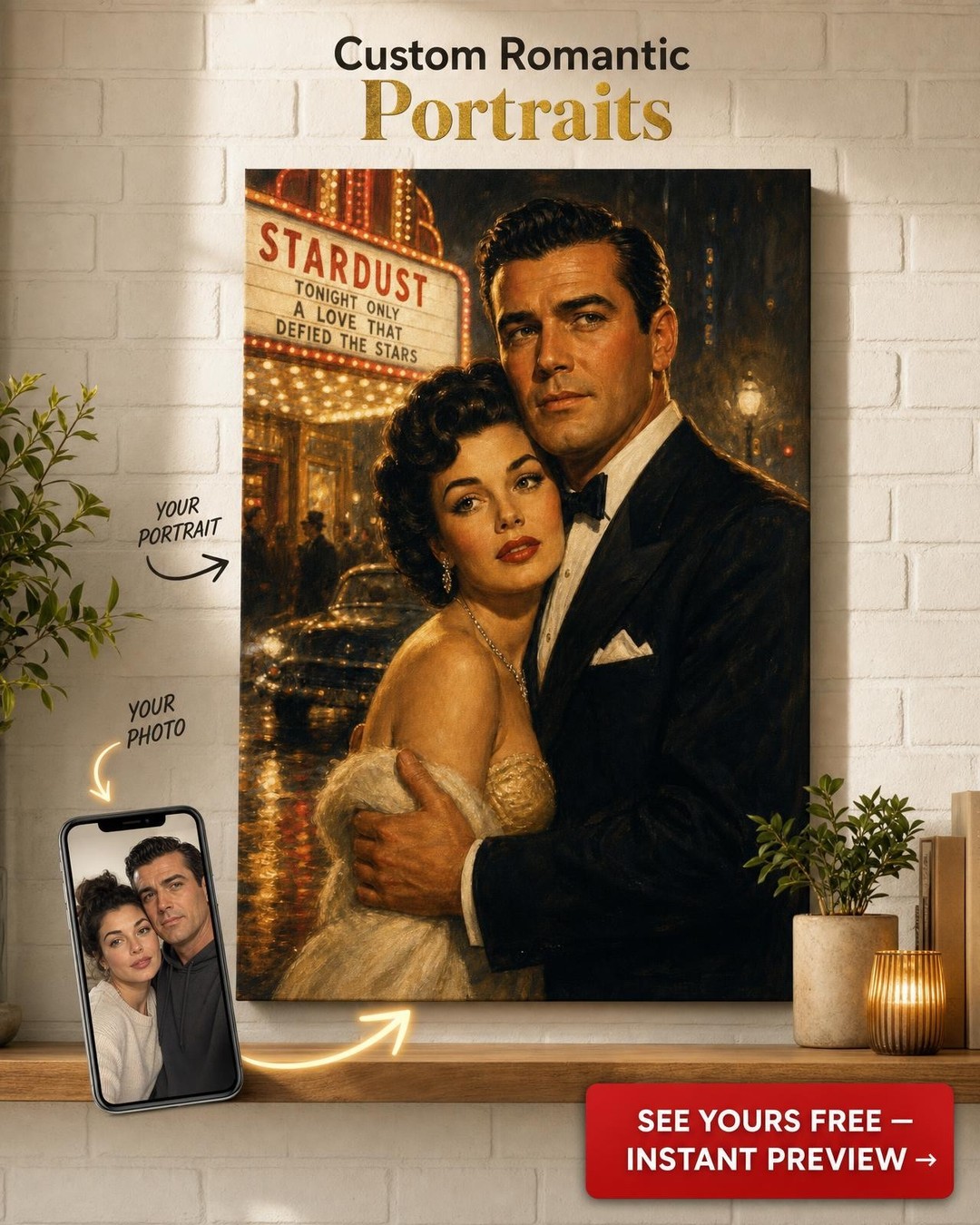 Silver Screen Romance Custom Portrait from Photo | Personalized Couples Gift