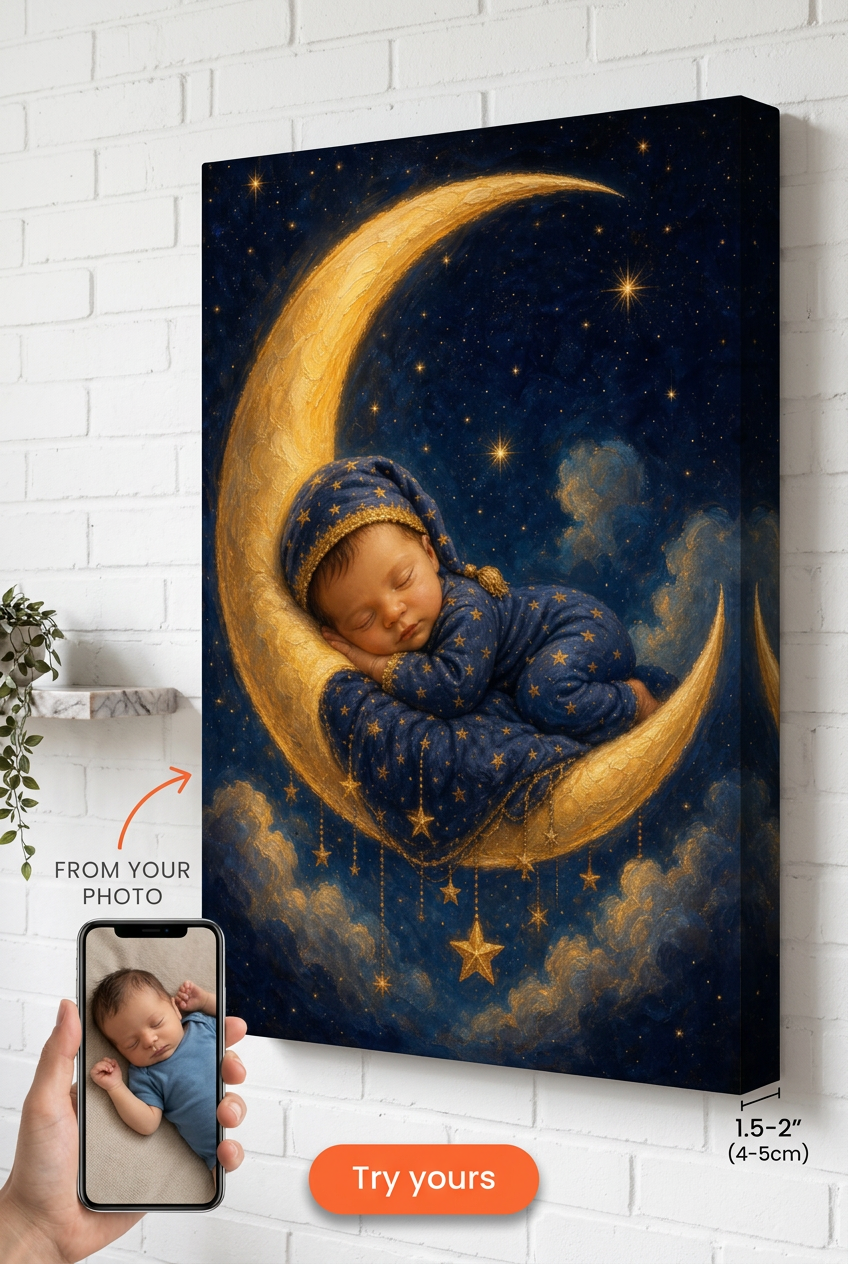 Custom Baby Girl Portrait — Serene Moon & Stars from Photo