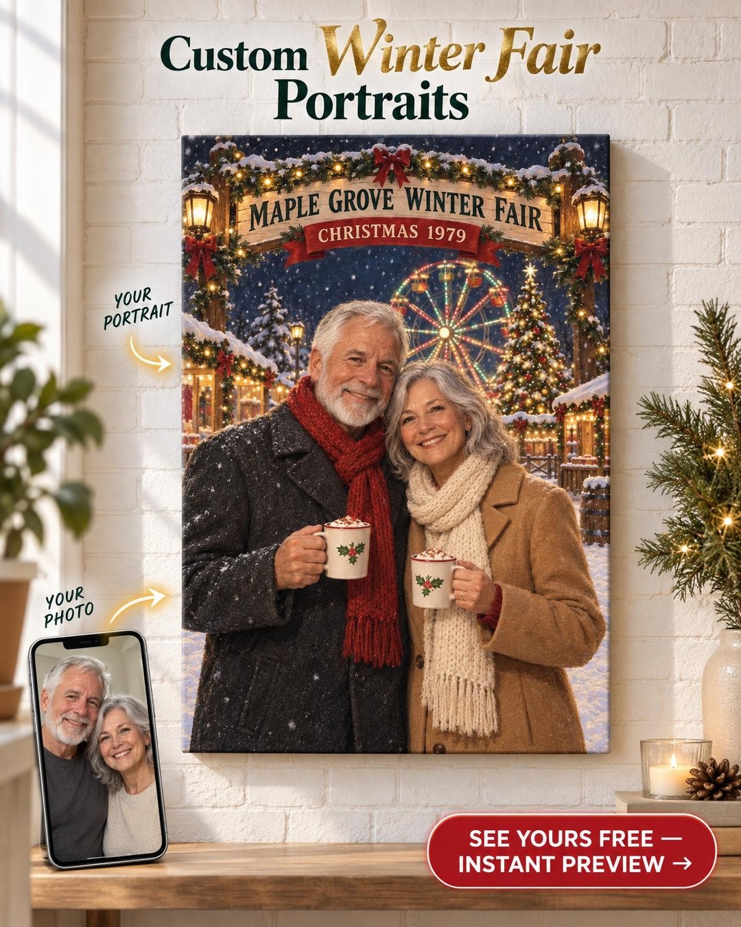 Christmas Ferris Wheel Couple Custom Portrait from Photo | Personalized County Fair Gift