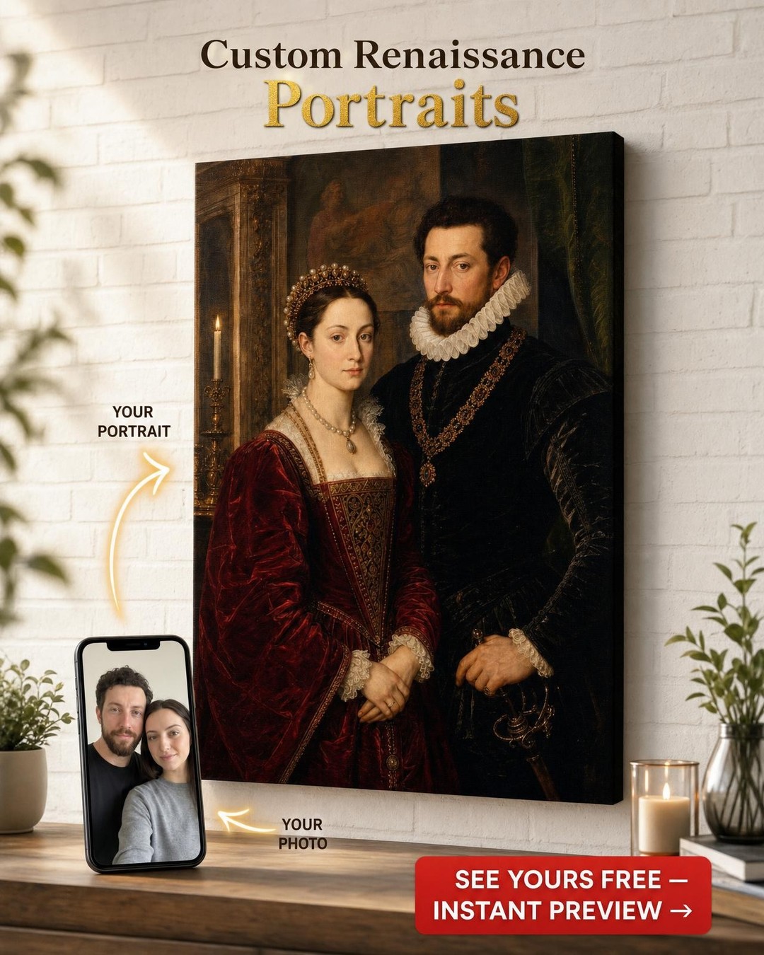Custom Renaissance Couple Portrait — Regal Canvas from Photo
