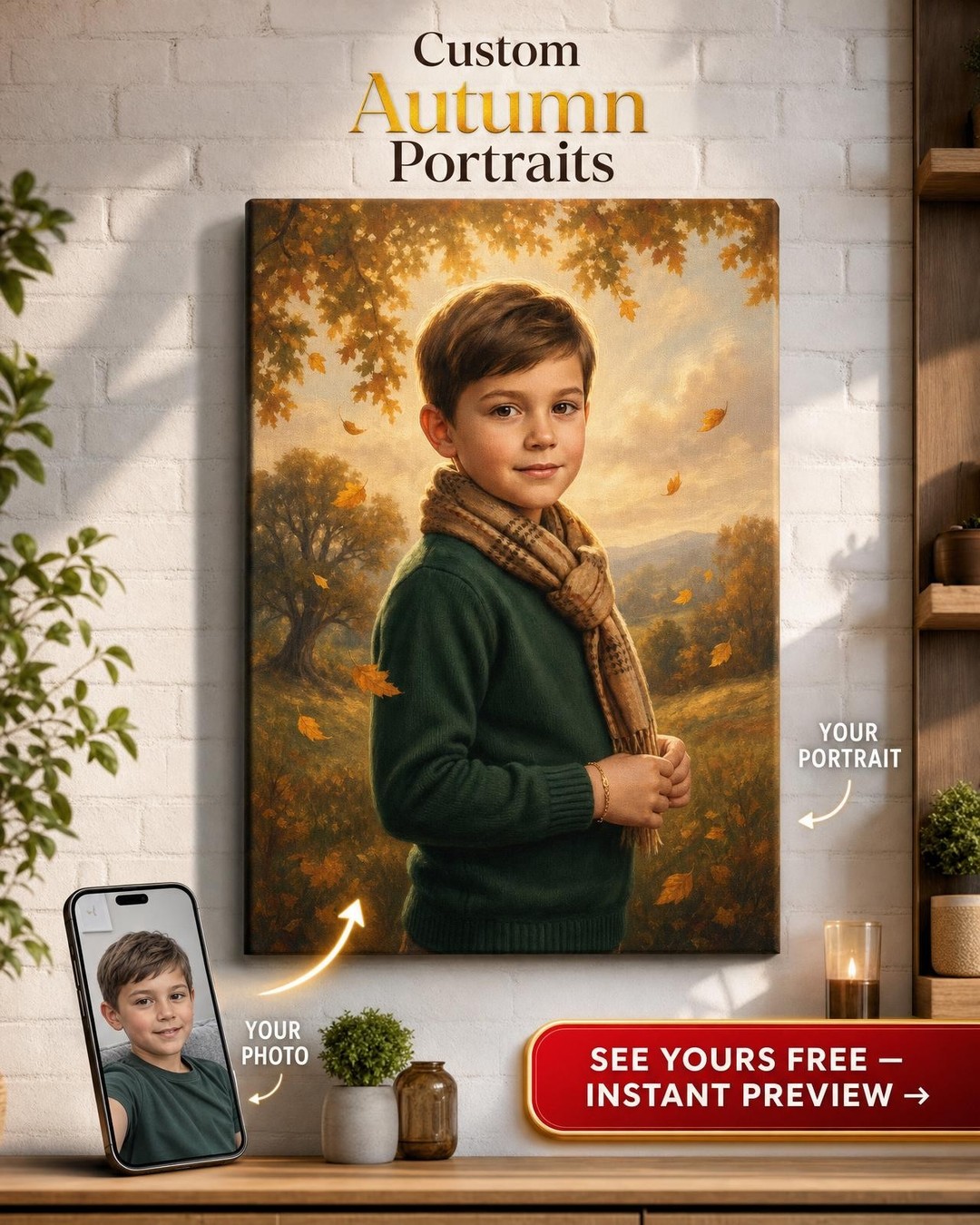 Custom Autumn Single-Man Portrait — Serene Landscape Canvas