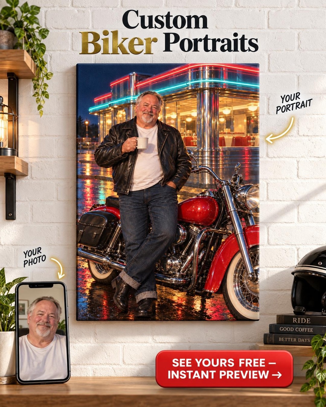 Midnight Diner Motorcycle Custom Portrait from Photo | Personalized Motorcycle Portrait Gift