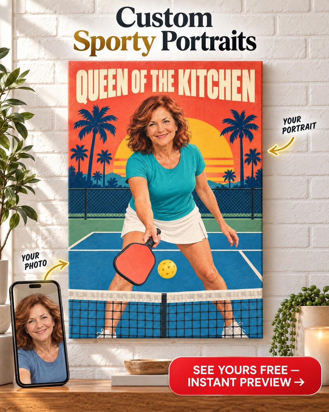 Queen of the Kitchen Retro Pickleball Poster Custom Portrait from Photo | Pickleball Gift