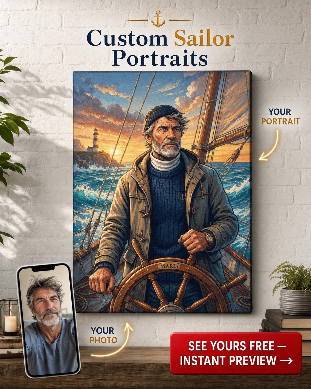 Custom Ocean Man Portrait — Heroic Sailboat Canvas from Photo