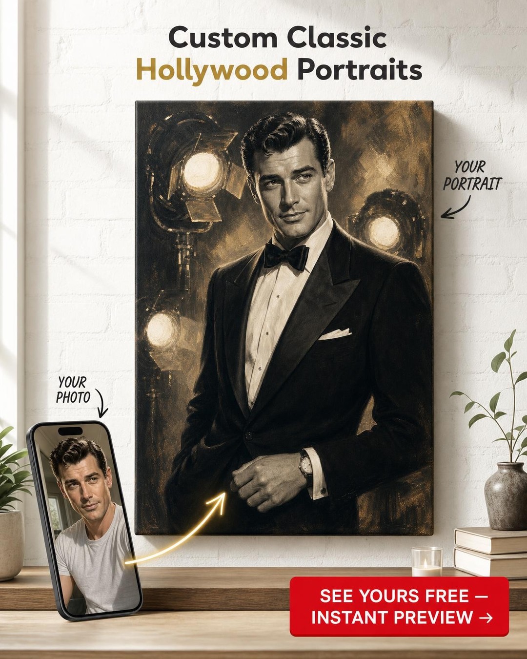 Silver Screen Leading Man Custom Portrait from Photo | Personalized For Him Gift