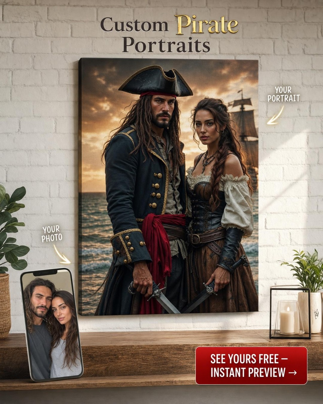 Custom Pirate Couple Portrait — Adventurous Canvas Art