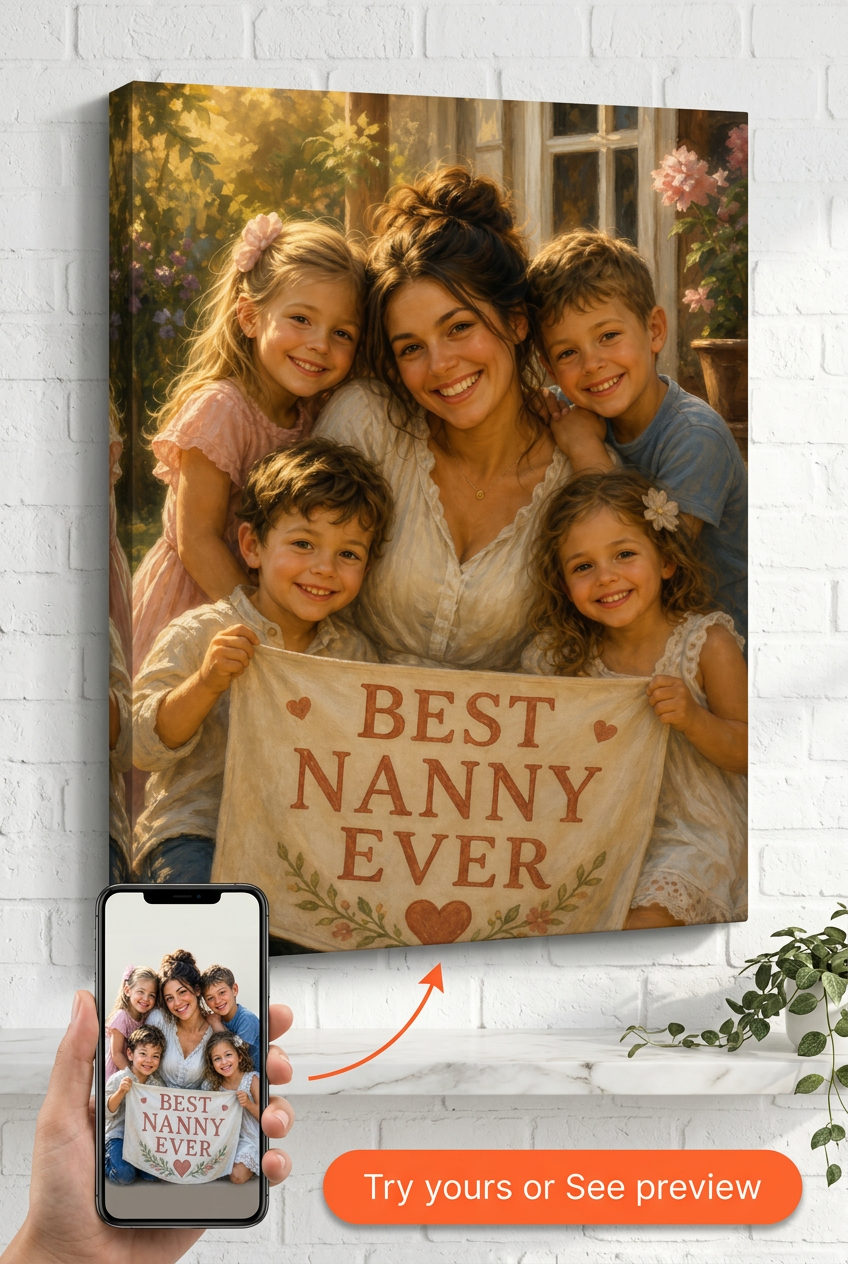 Best Nanny Ever Gift — Joyful Family Portrait Canvas from Photo