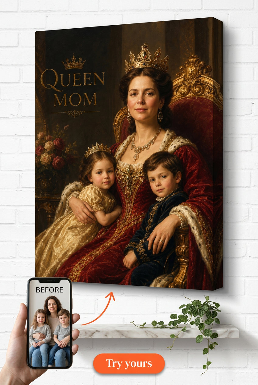 Custom Mother Child Portrait — Heroic Queen Mom from Photo