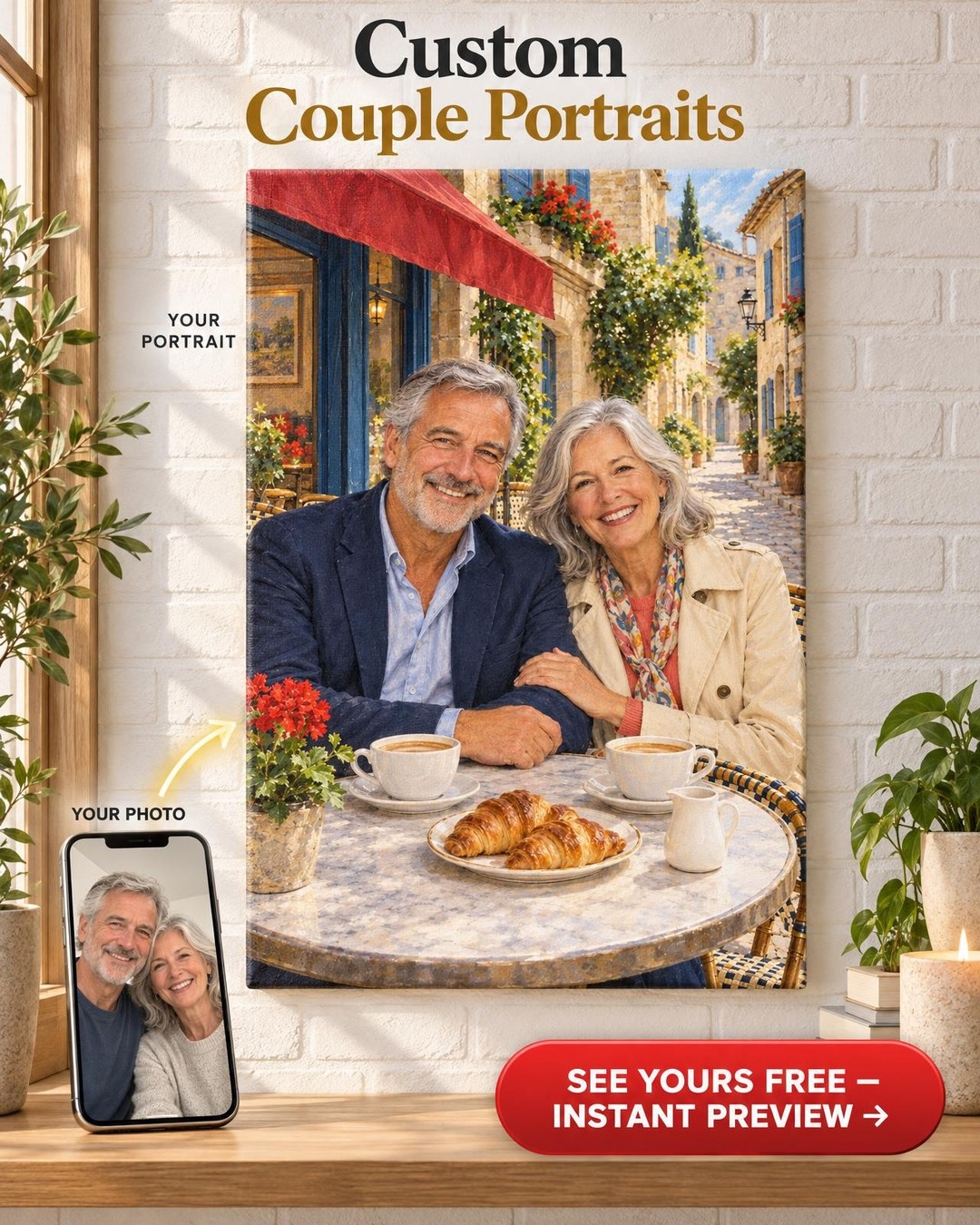 Sidewalk Café Morning Couple Custom Portrait from Photo | Personalized Coffee House Gift