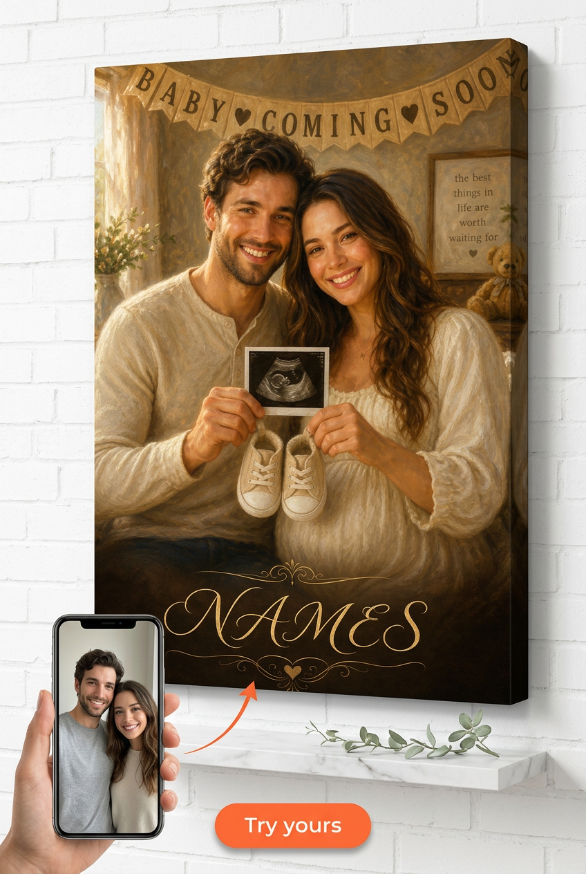 Pregnancy Announcement Couple Canvas Custom Portrait from Photo | Personalized Undefined Gift
