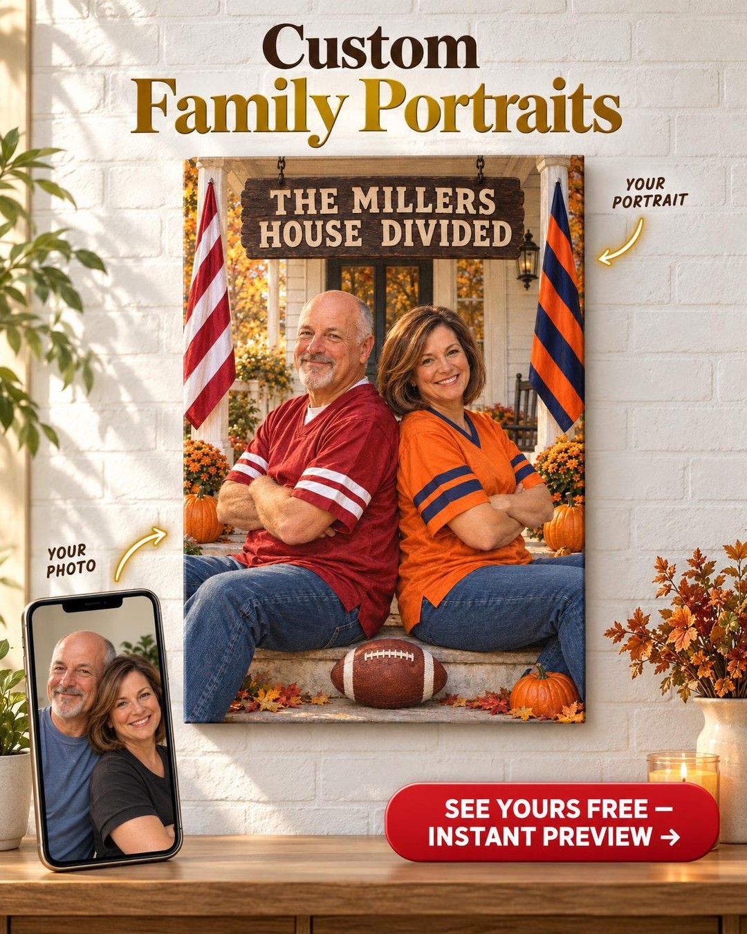 House Divided Custom Portrait from Photo | Personalized Game Day Gift