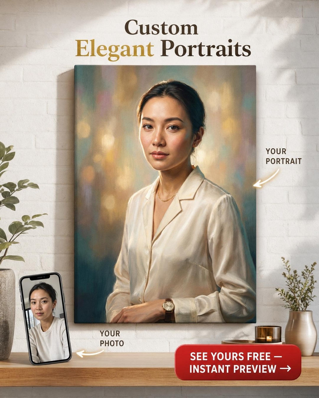 Custom Impressionist Woman Portrait — Serene Canvas from Photo
