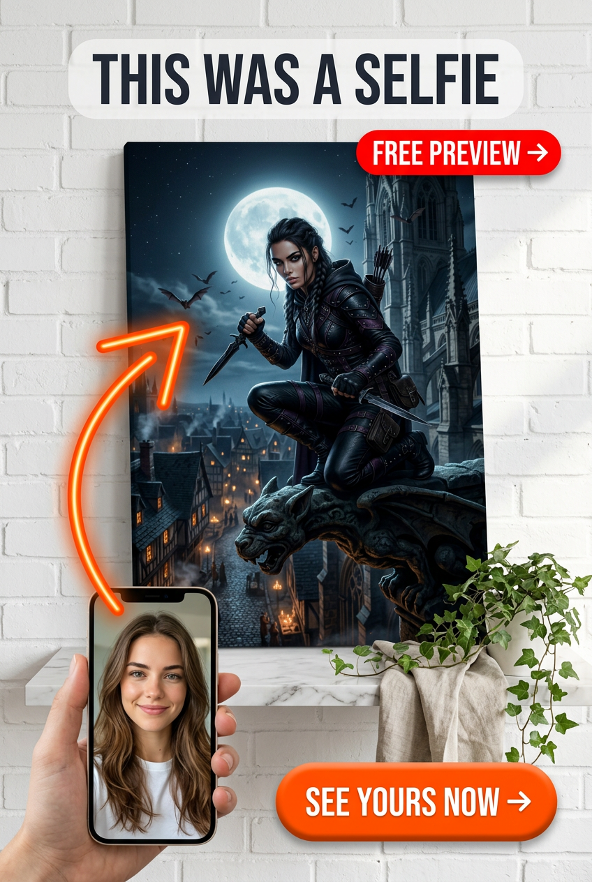 Custom Gothic Woman Portrait — Heroic Moon & Castle Canvas