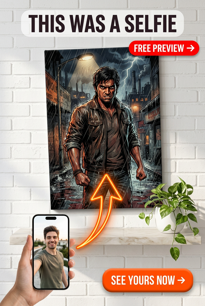 Custom Superhero Man Portrait — Heroic Rain & Cityscape Canvas