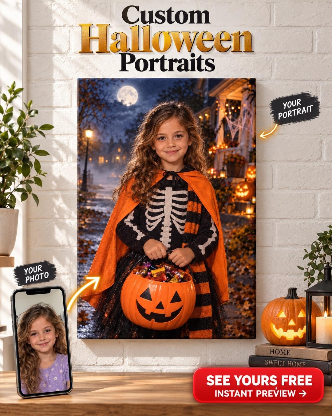 Trick-or-Treat Night Custom Portrait from Photo | Personalized Gift for Kids