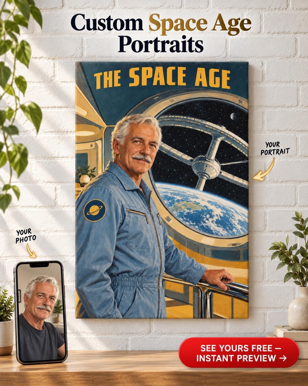 Space-Age Custom Portrait from Photo | Personalized Retro Space Portrait Gift
