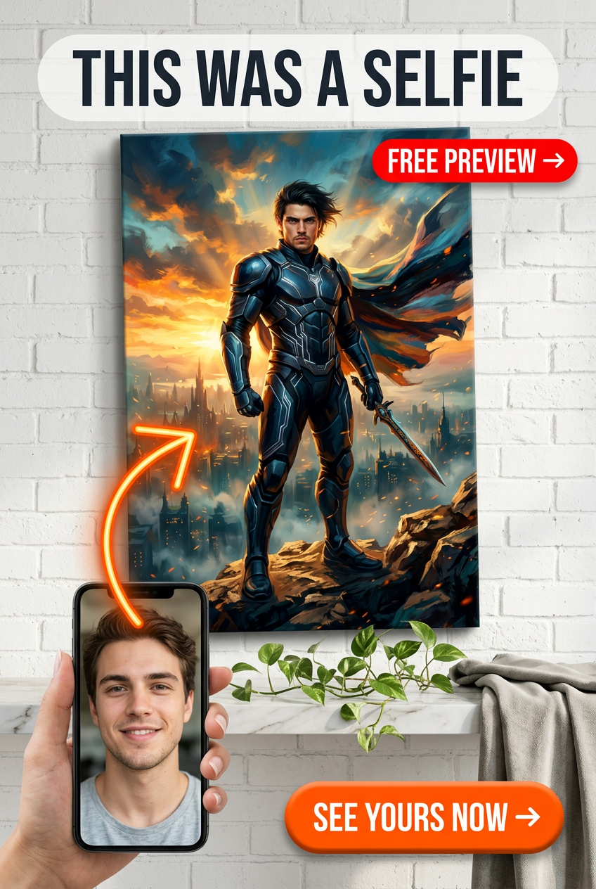 Custom Superhero Man Portrait — Heroic Armor & Sword Canvas
