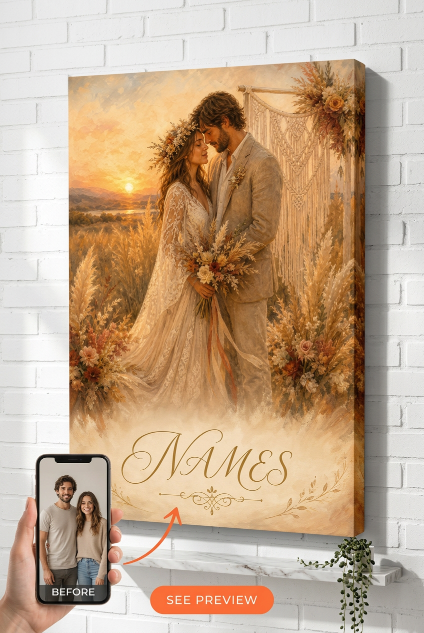 Custom Wedding Couple Portrait — Romantic Bohemian Canvas from Photo