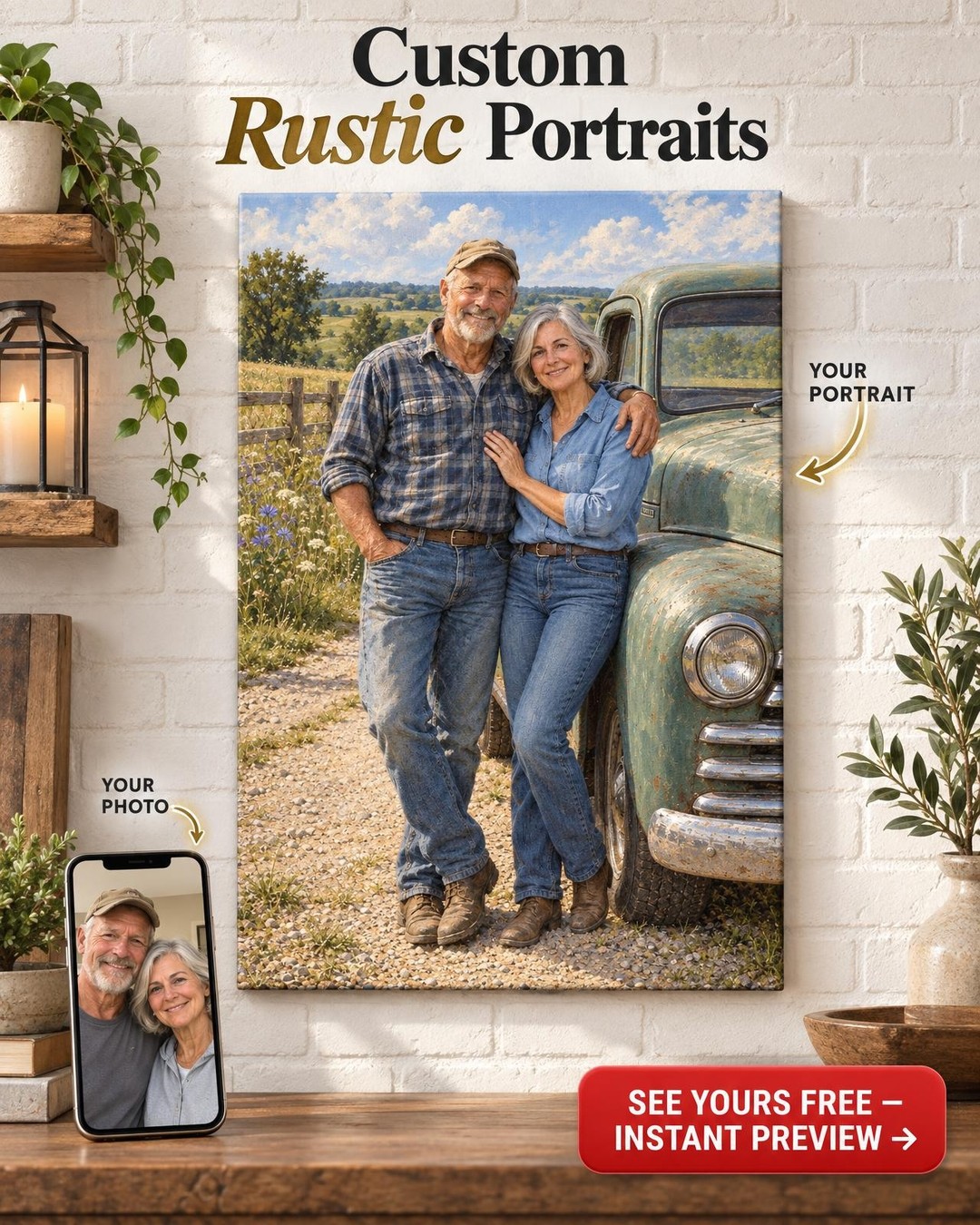 Old Pickup Truck Couple Custom Portrait from Photo | Personalized Pickup Truck Canvas Gift