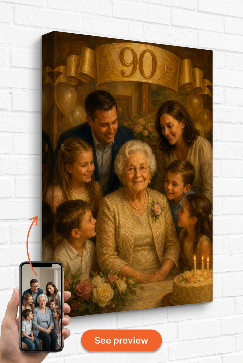 Custom Birthday Multi-Gen Portrait — Festive Face-Swap Canvas for Woman