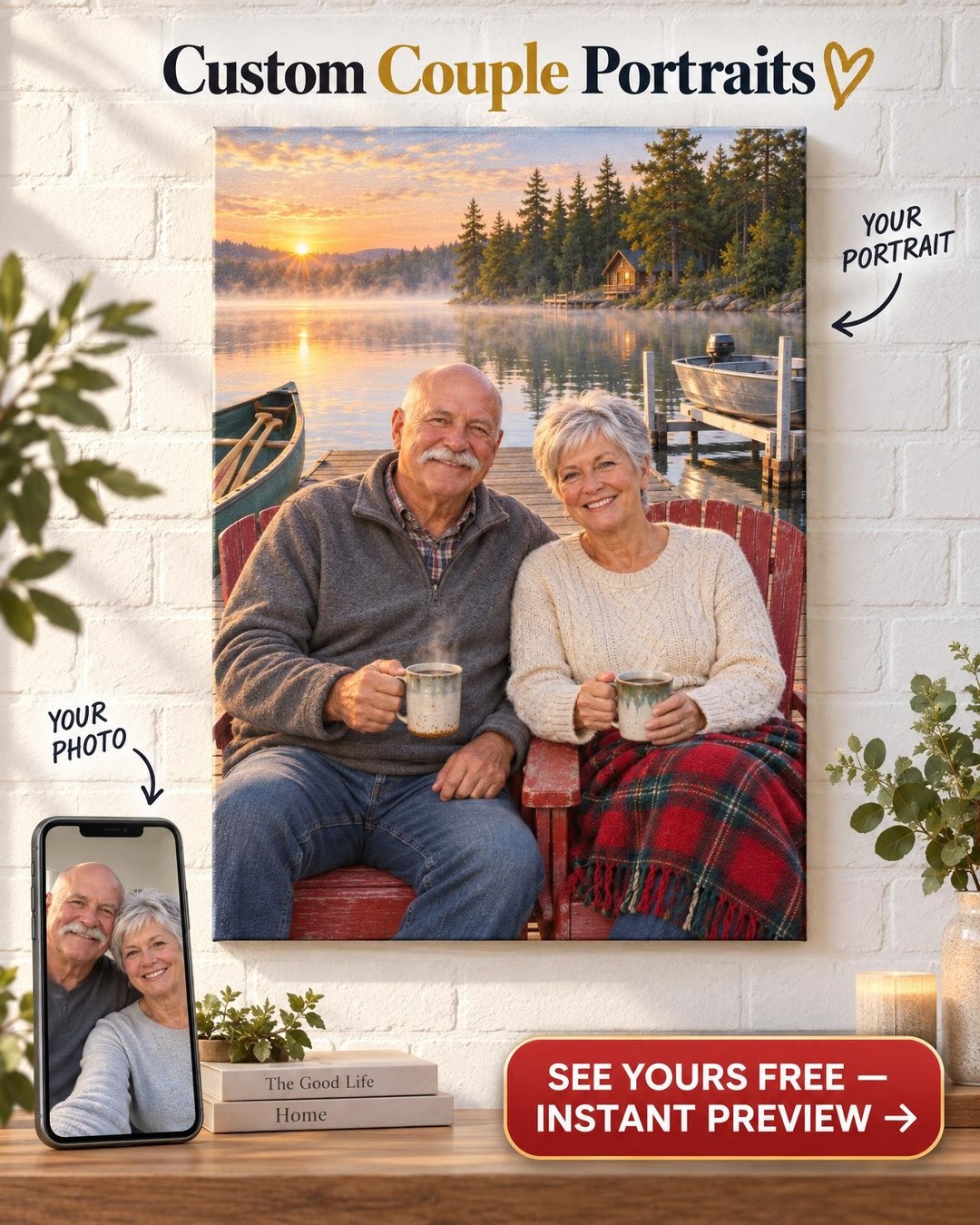 Lake Cabin Couple Custom Portrait from Photo | Personalized Lake Life Gift
