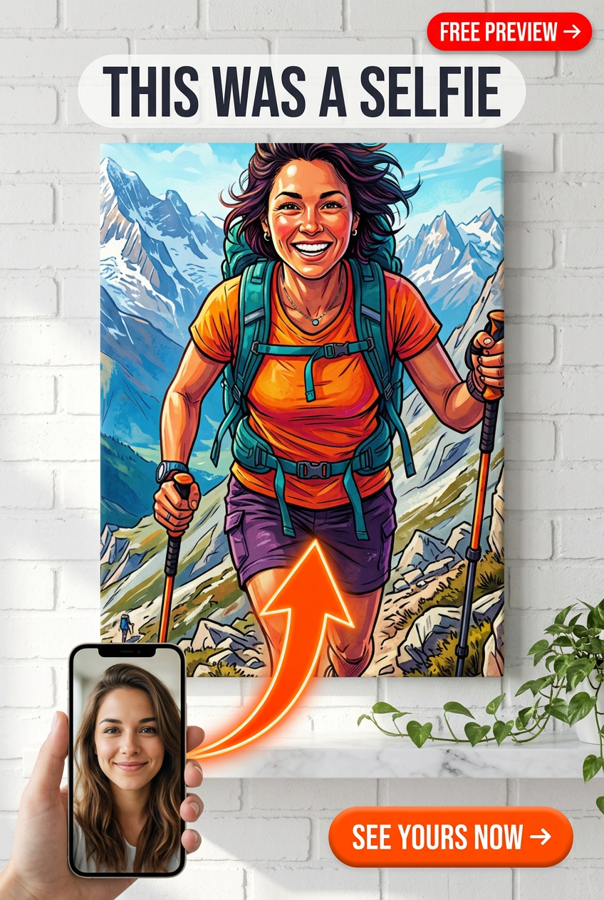 Custom Cartoon Woman Portrait — Heroic Mountain Hiker Canvas