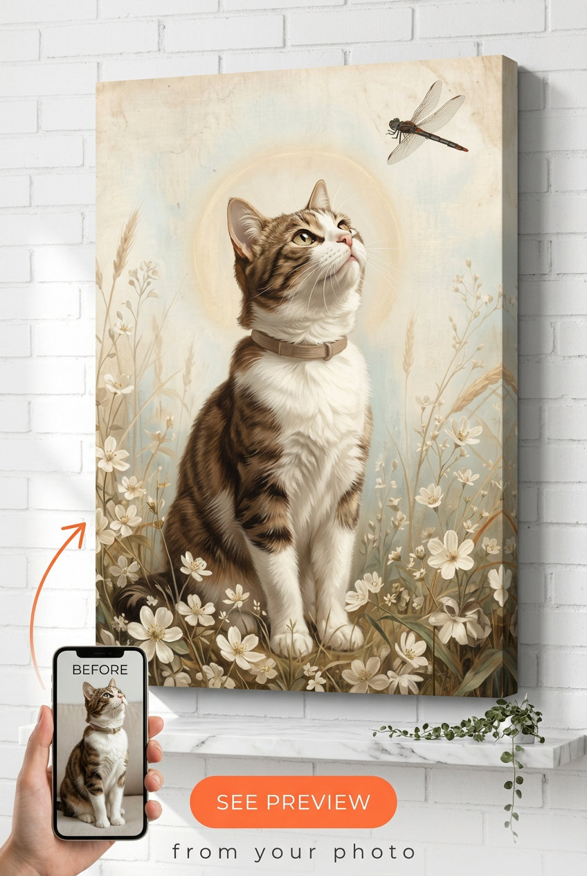 Custom Cat Pet Portrait — Serene Floral Canvas