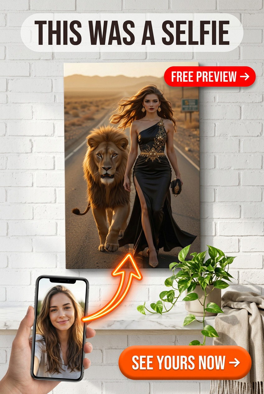 Custom Royal Woman Portrait — Heroic Lion Desert Canvas