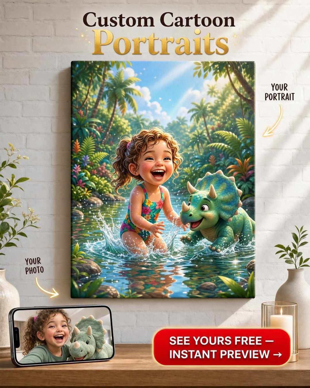 Custom Jungle Family Portrait — Whimsical Dinosaur Canvas for Girl