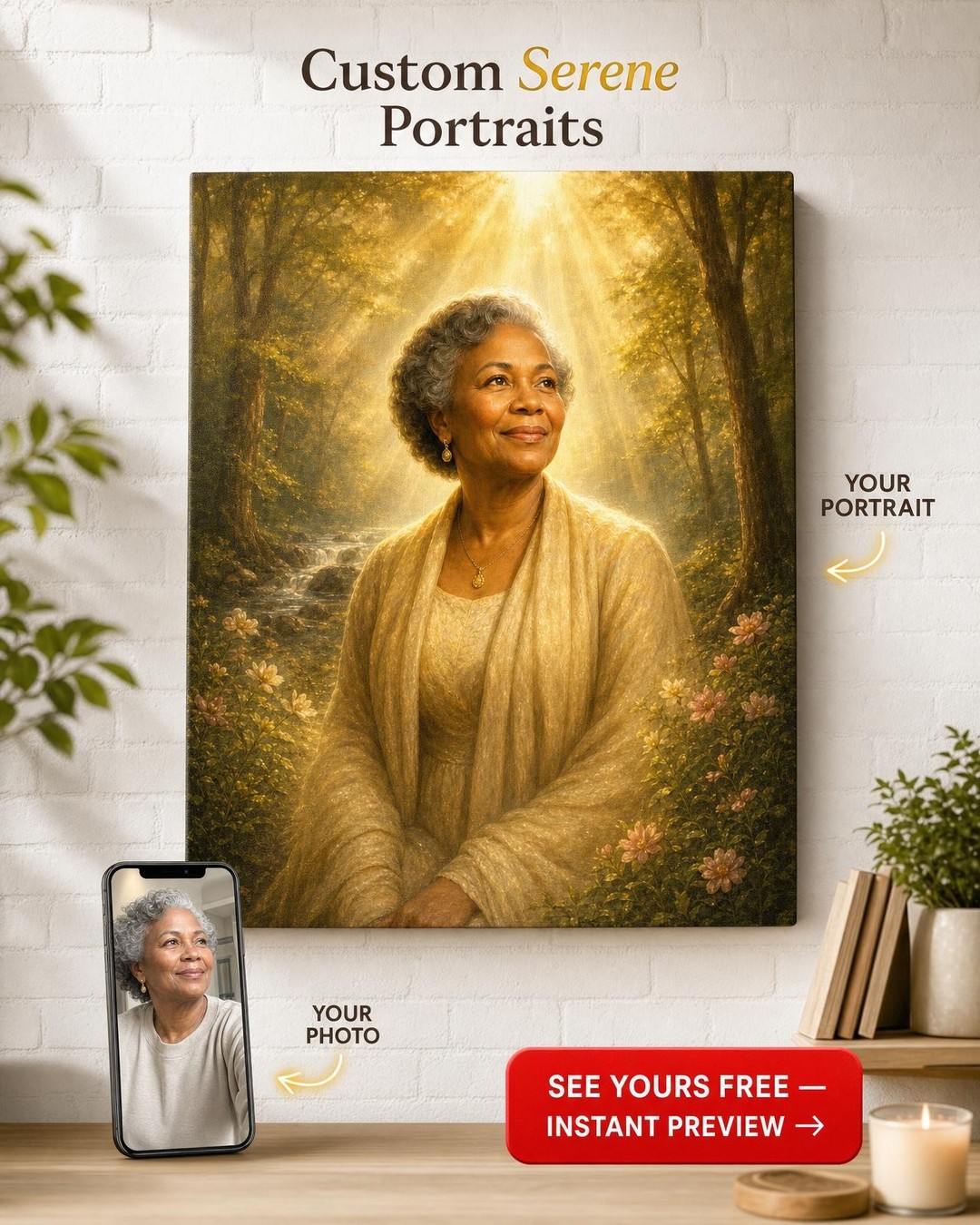 Custom Memorial Single Woman Portrait — Serene Forest Angel from Photo