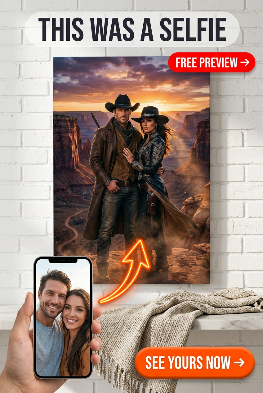 Custom Cowboy Couple Portrait — Romantic Western Canvas from Photo