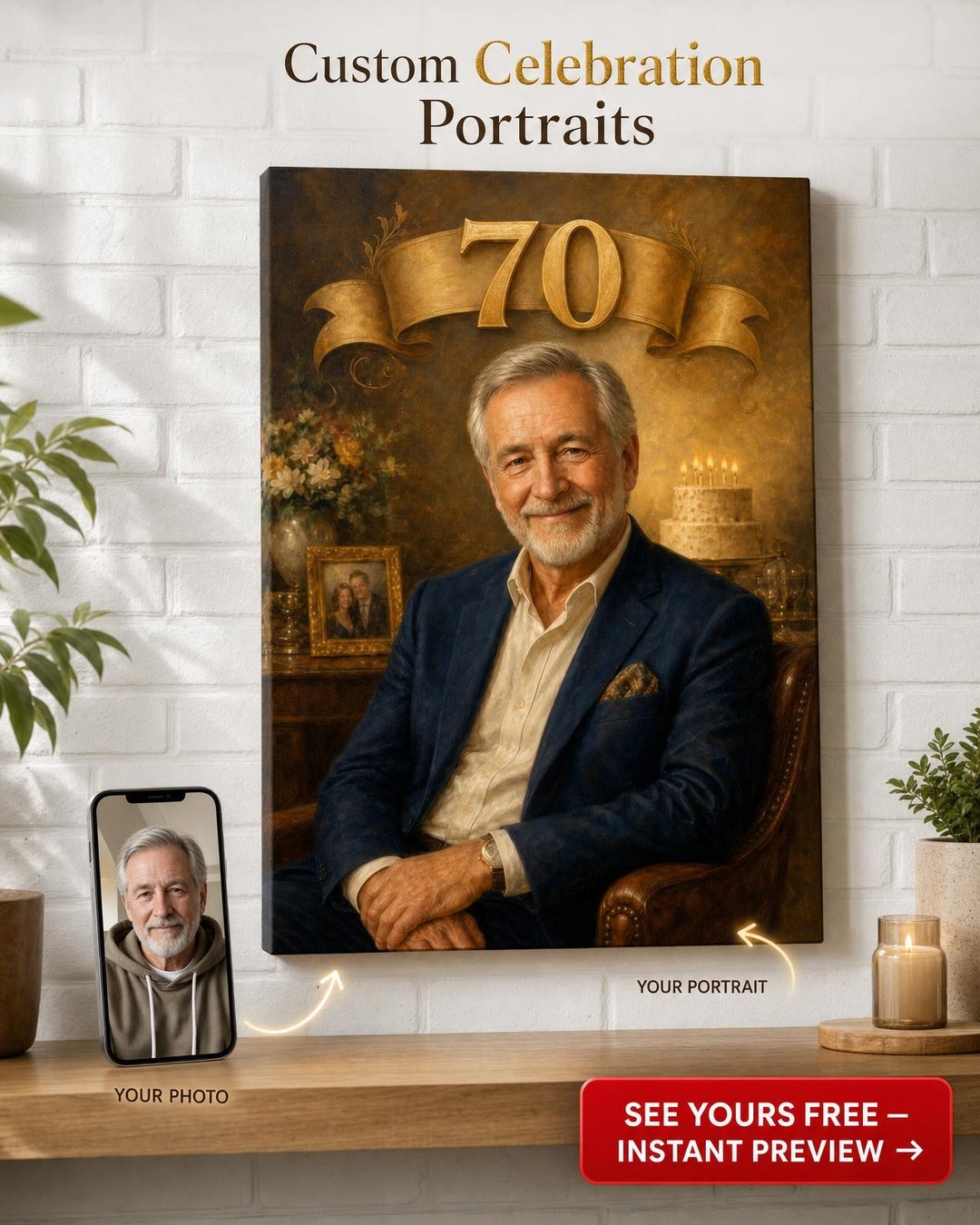 Custom Birthday Portrait for Men — Regal Crown Canvas from Photo