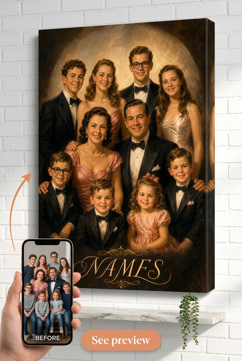 Custom 1940s Hollywood Family Portrait from Photo | Personalized Gift