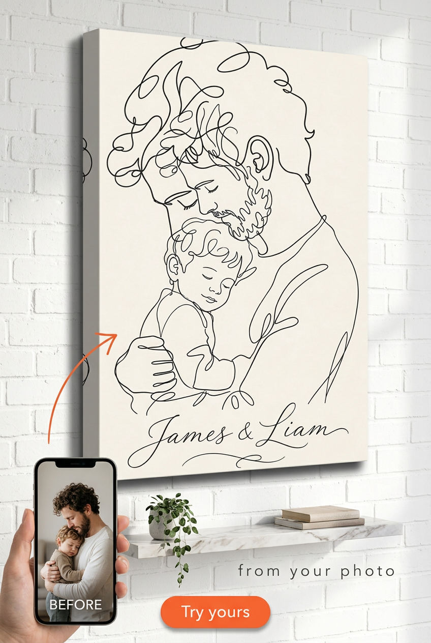 Custom Line Drawing Mother-Child Portrait — Serene Family Embrace Canvas