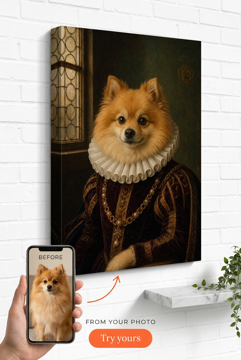 Custom Renaissance Dog Portrait — Whimsical Pet Canvas from Photo