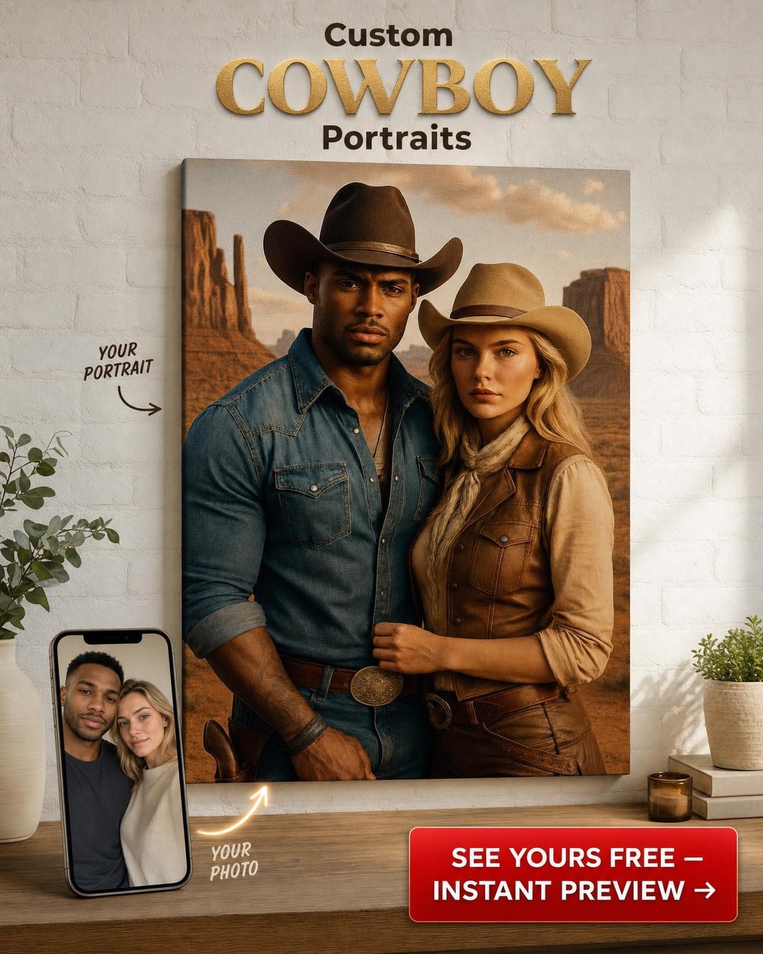 Custom Cowboy Couple Portrait — Romantic Canvas