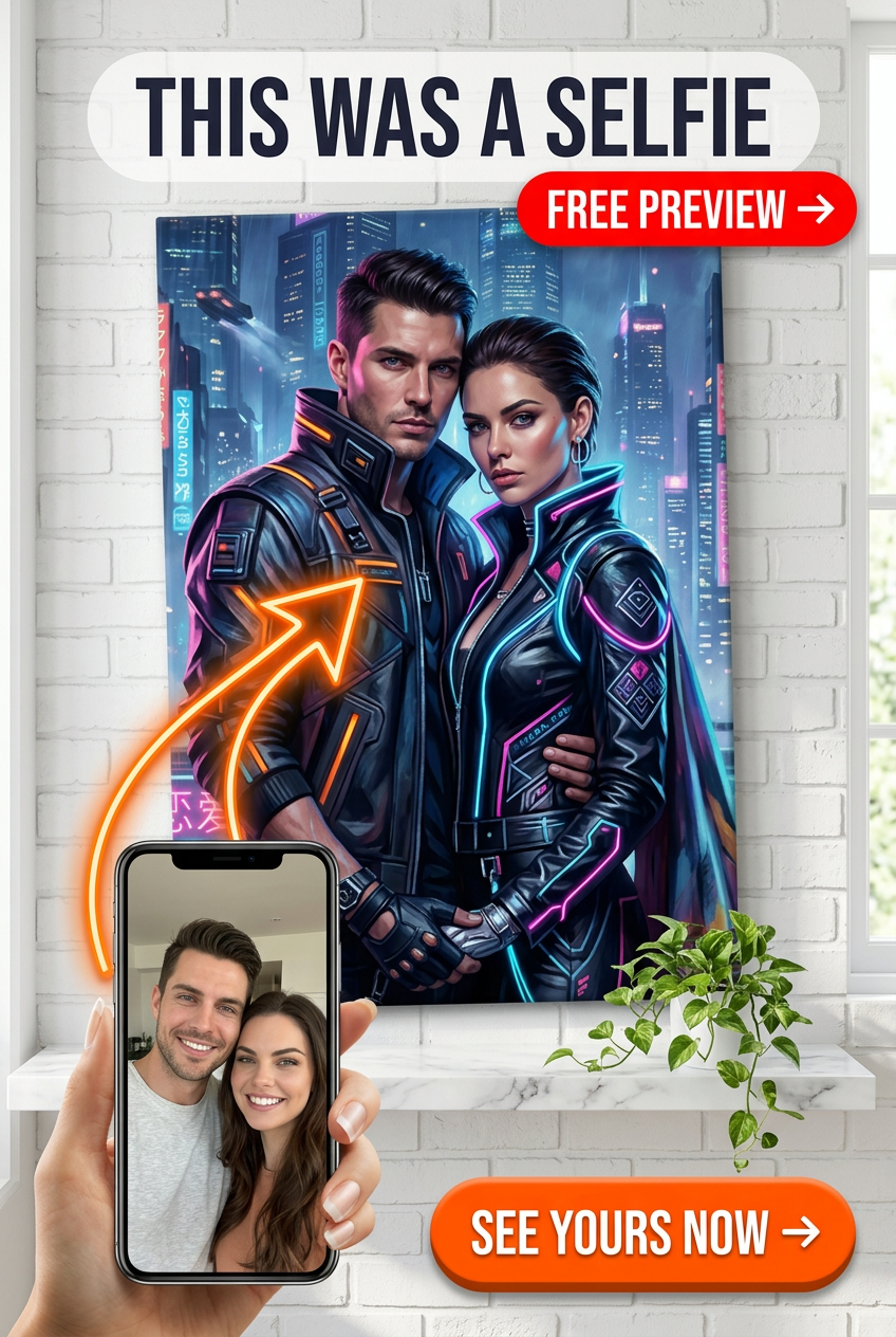 Custom Cyberpunk Couple Portrait — Neon Heroic Canvas from Photo