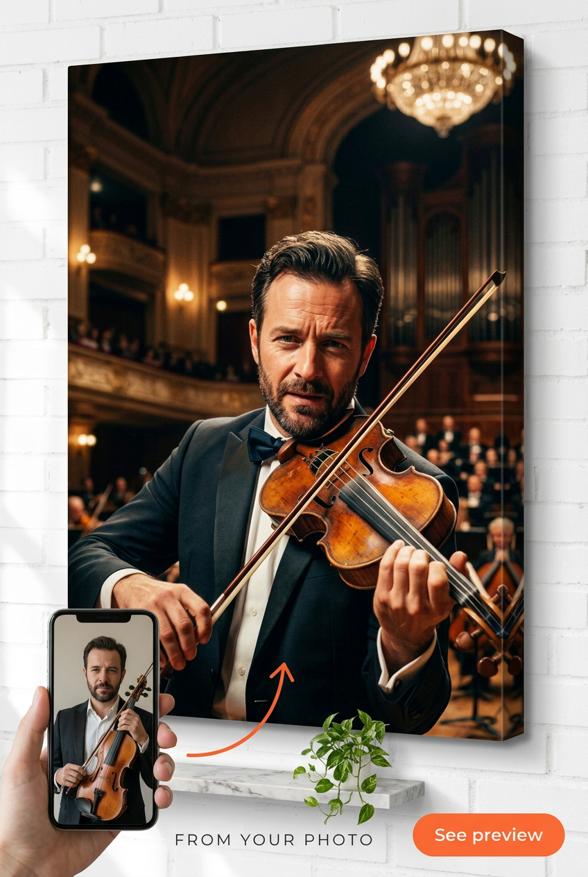 Custom Musician Man Portrait — Regal Violin Virtuoso Canvas