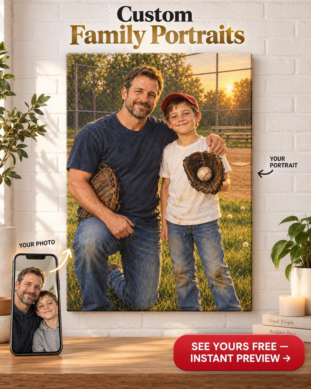 Playing Catch with Dad Custom Portrait from Photo | Personalized Baseball Portrait Gift