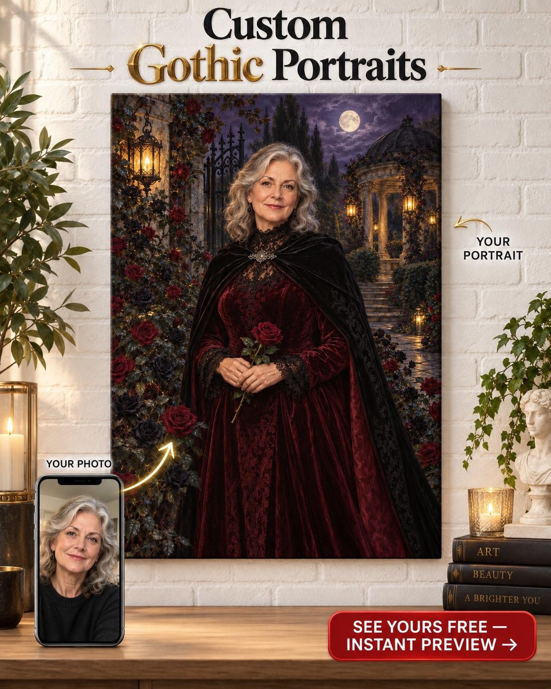 Midnight Rose Garden Custom Portrait from Photo | Personalized Gothic Portrait Gift
