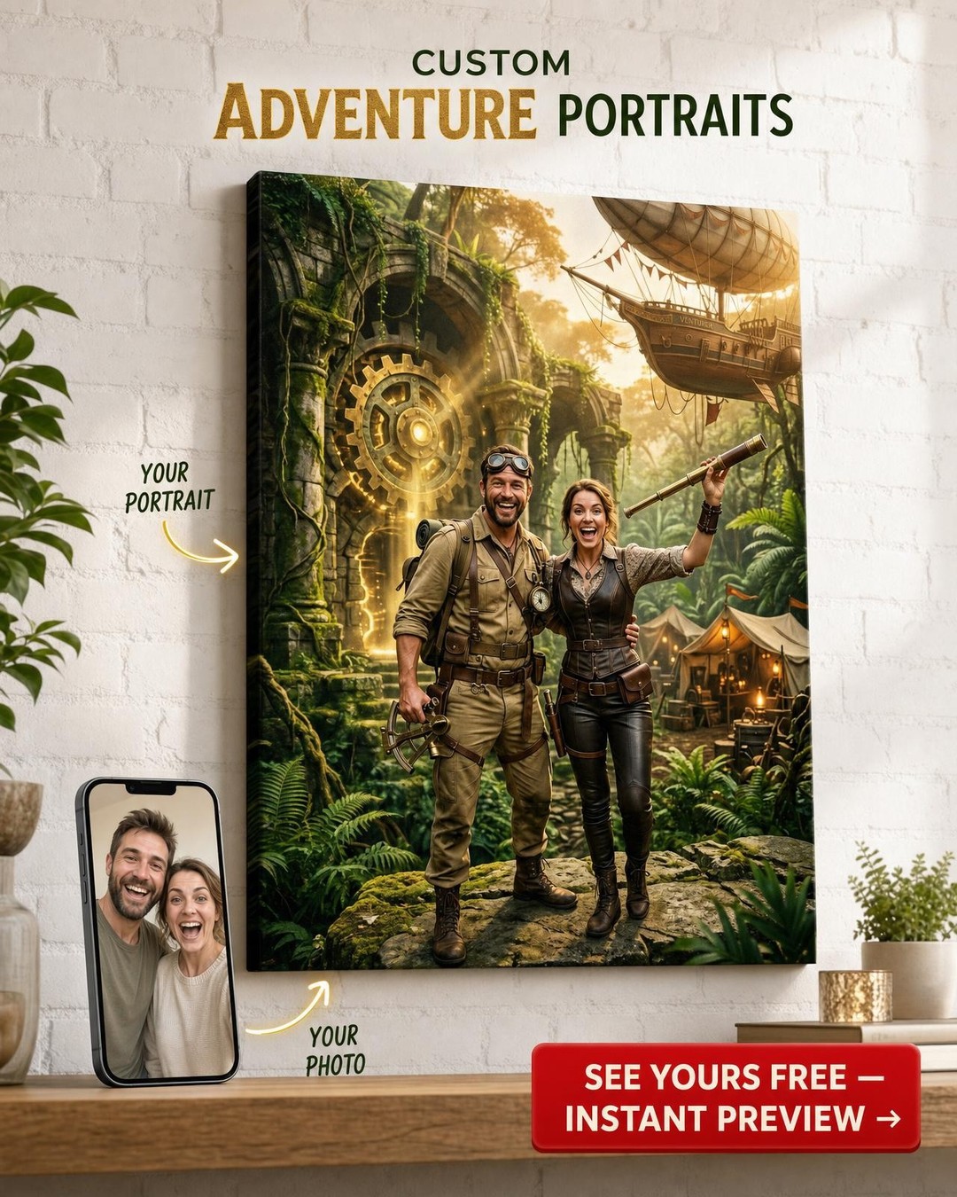 Custom Steampunk Couple Portrait — Whimsical Adventure Canvas