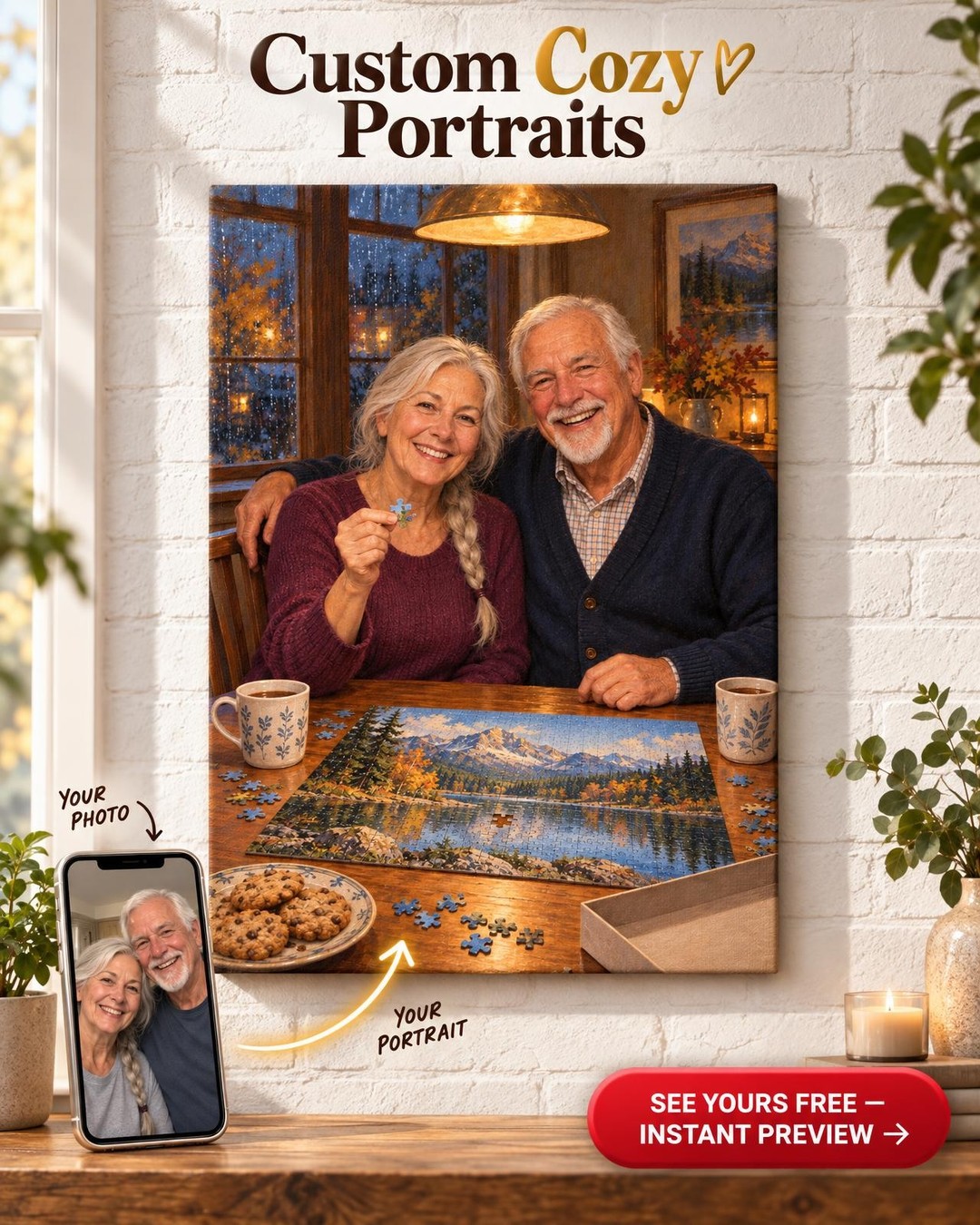 Puzzle Night Couple Custom Portrait from Photo | Personalized Game Night Gift