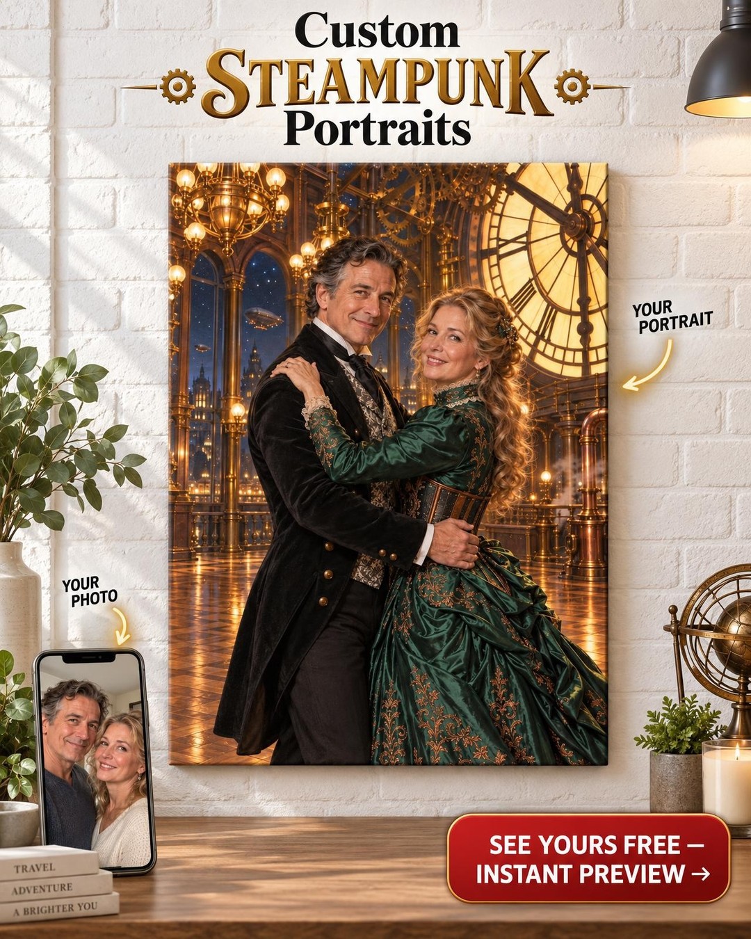 Steampunk Clockwork Ballroom Couple Custom Portrait from Photo | Personalized Steampunk Airship Portrait Gift
