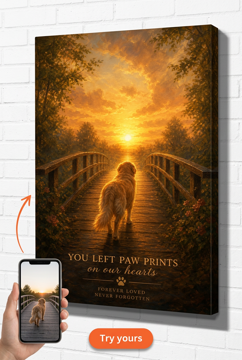 Custom Memorial Dog Portrait — Sunset Bridge Canvas from Photo