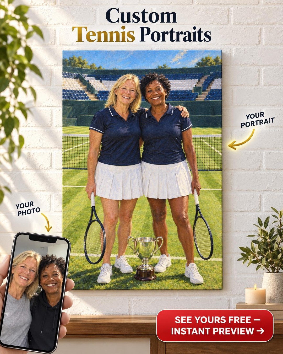 Doubles Partners Tennis Custom Portrait from Photo | Personalized Tennis Canvas Gift