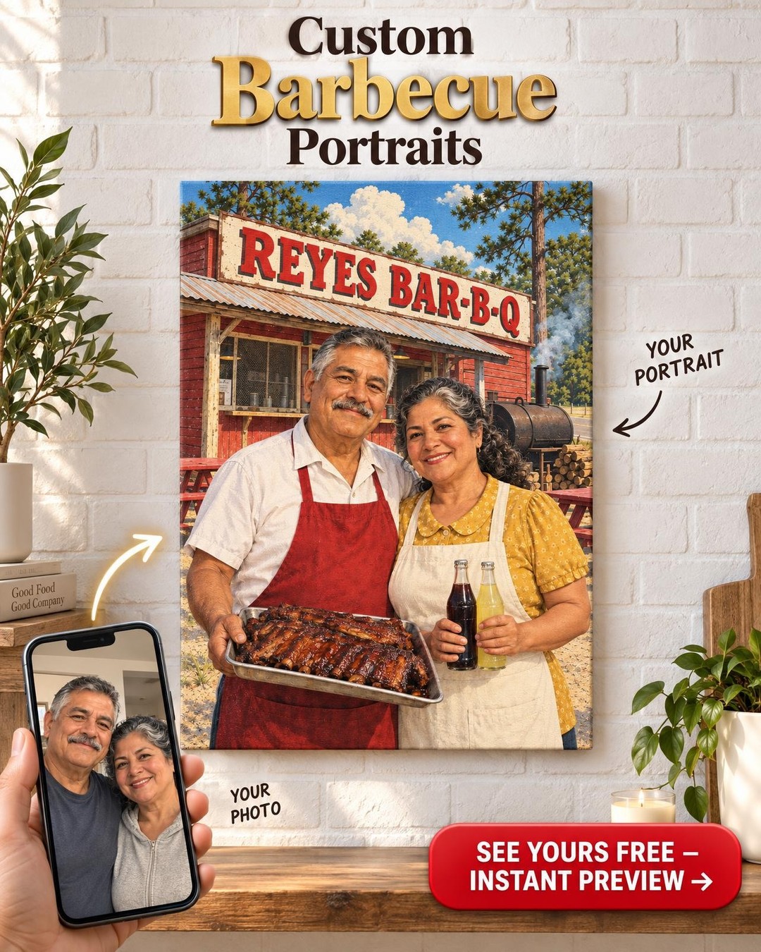 Roadside BBQ Shack Custom Portrait from Photo | Personalized BBQ Pitmaster Gift