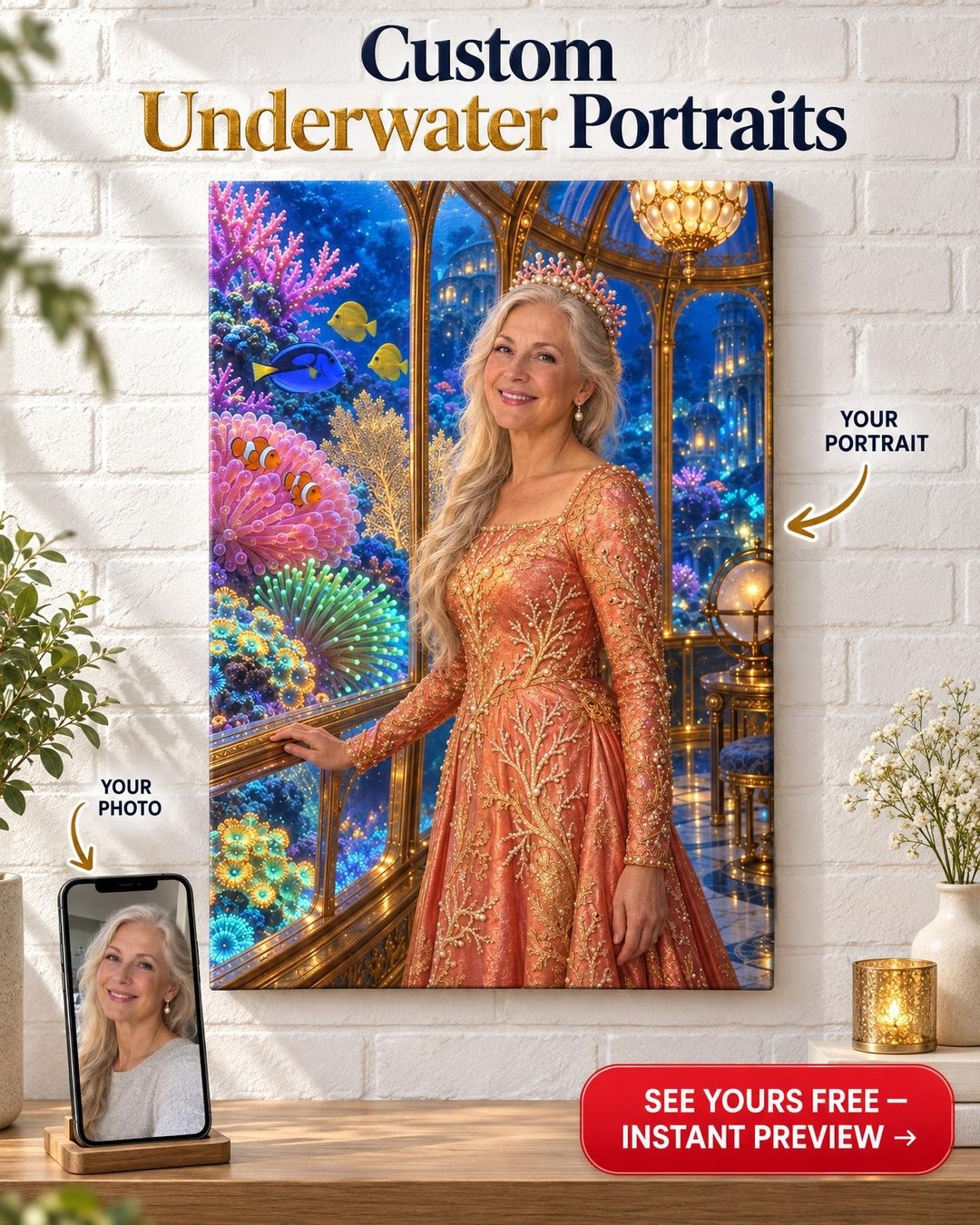 Queen of the Reef Custom Portrait from Photo | Personalized Reef Aquarium Gift
