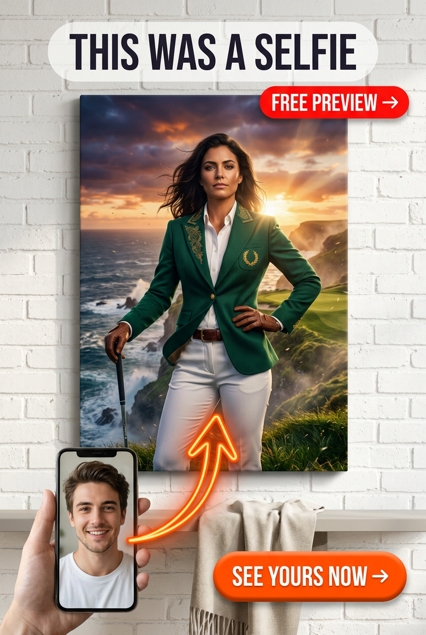 Custom Golf Woman Portrait — Heroic Green Jacket Canvas